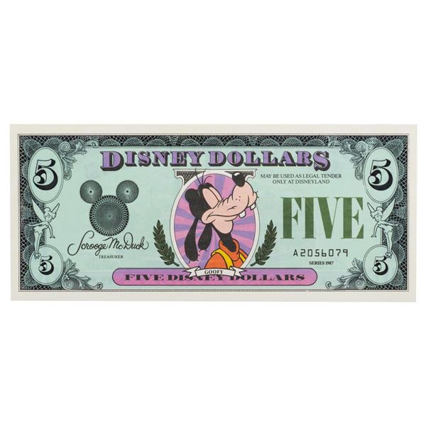 A Disney Dollars 1987 First Issue $5 Bill.