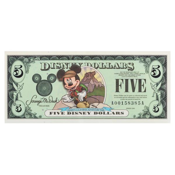 A Disney Dollars California Adventure $5 Bill.