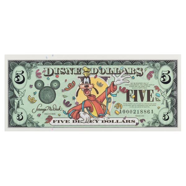 A Disney Dollars Disneyland 2000 $5 Bill.