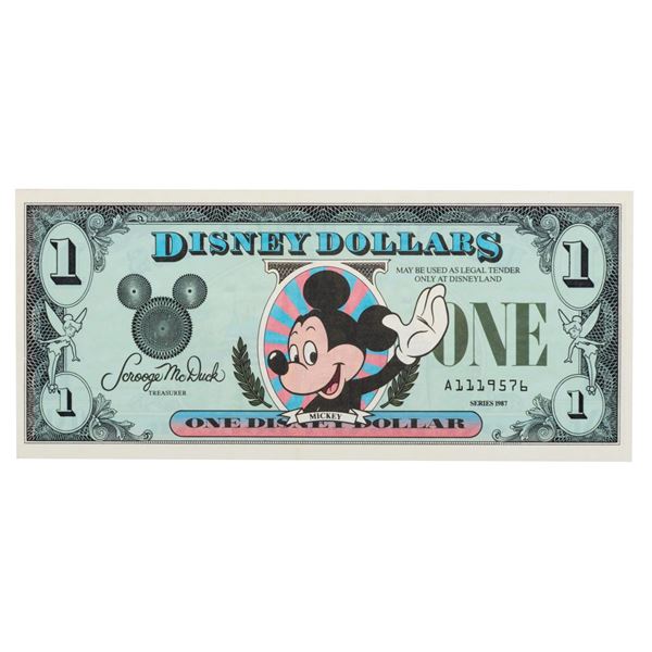 A Disney Dollars 1987 First Issue $1 Bill.