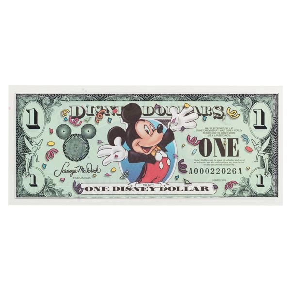 A Disney Dollars Walt Disney World 2000 $1 Bill.