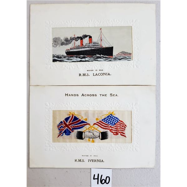 2 Novelty Woven in Silk RMS Laconia & Ivernia Ocean Liner Postcards
