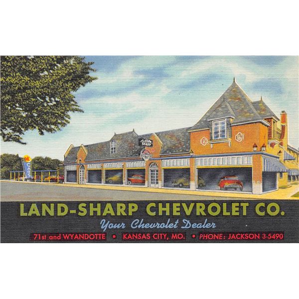Land-sharp Chevrolet Co. Dealership Kansas City, Missouri Linen Postcard