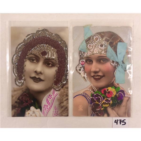 Novelty - 2 Glitter & Attachement Tinted Photo Pretty Lady Postcards