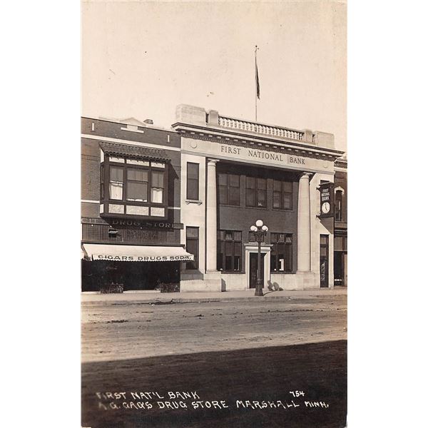 Real Photo Drug Store & First National Bank Marshall, Minnesota Postcard