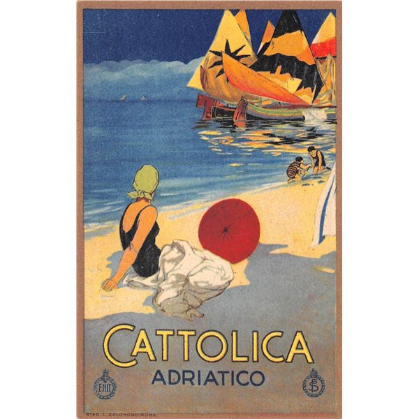 Woman on Beach Italian Poster Art Cattolica Adriatico Postcard