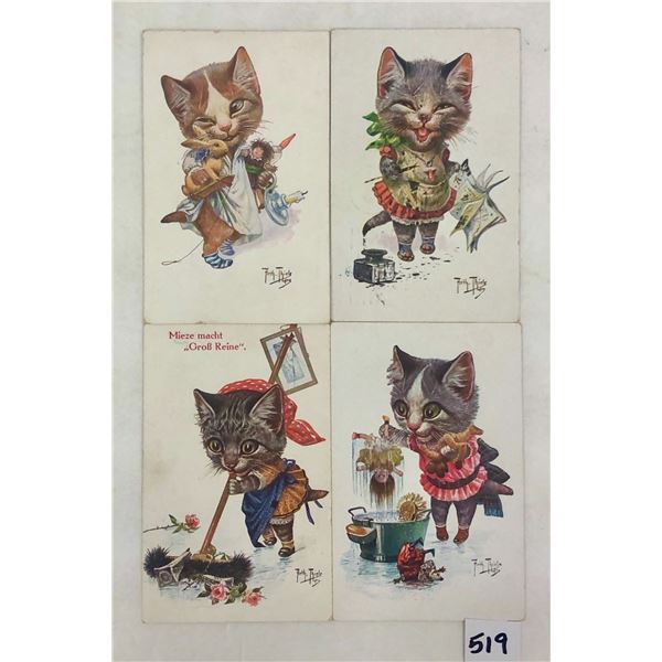 Group of 4 Signed Thiele Dressed Cat Postcards