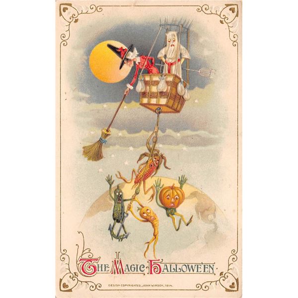 Winsch Halloween Witch & Ghost Hot Air Ballon Holiday Greeting Postcard