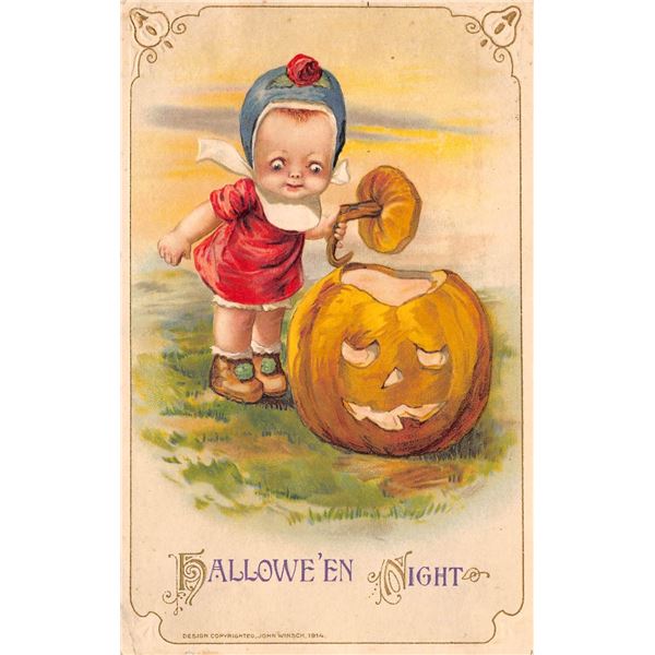 Winsch Halloween Frexis Girl & Pumpkin Holiday Greeting Postcard