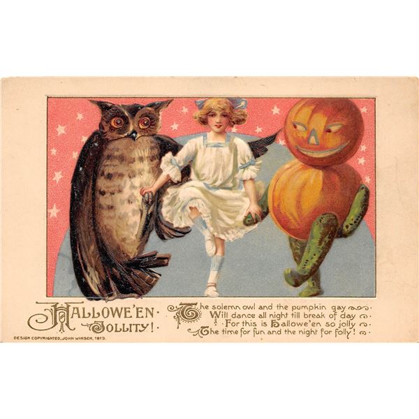Winsch Halloween "A Hallowe'en Jollity" Girl with Owl & Pumpkin Holiday Greeting Postcard