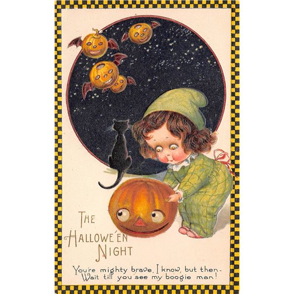 Winsch Halloween "The Hallowe'en Night" Checkered Border Girl & Pumpkin Holiday Greeting PC