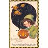 Image 1 : Winsch Halloween "The Hallowe'en Night" Checkered Border Girl & Pumpkin Holiday Greeting PC