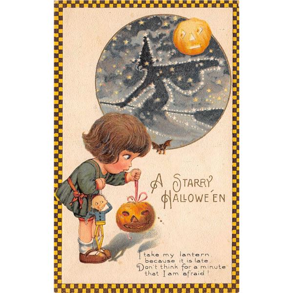 Winsch Halloween "A Starry Hallowe'en" Girl & Witch Checkered Border Holiday Greeting PC