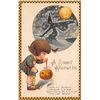 Image 1 : Winsch Halloween "A Starry Hallowe'en" Girl & Witch Checkered Border Holiday Greeting PC