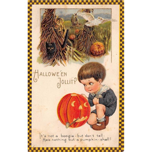 Winsch Halloween "Hallowe'en Jollity" Checkered Border Boy & Jack-o-lantern Holiday Greeting PC