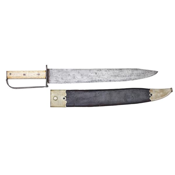 LARGE EARLY AMERICAN BONE HANDLED BOWIE KNIFE &