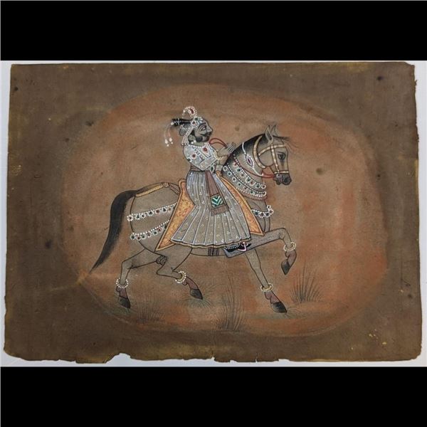 Indian Bikaner School Miniature Painting Of A Maharajah On Horseback