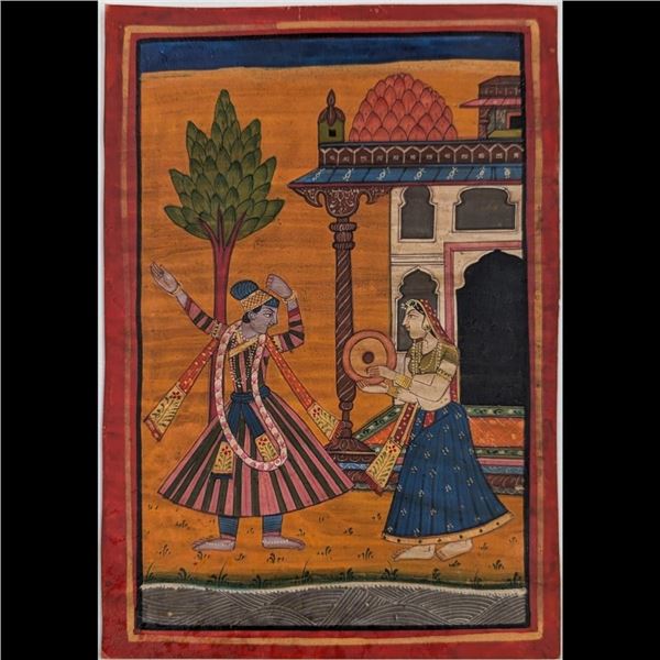 Indian Pahari School Miniature Painting Of A Pair Of Musicians