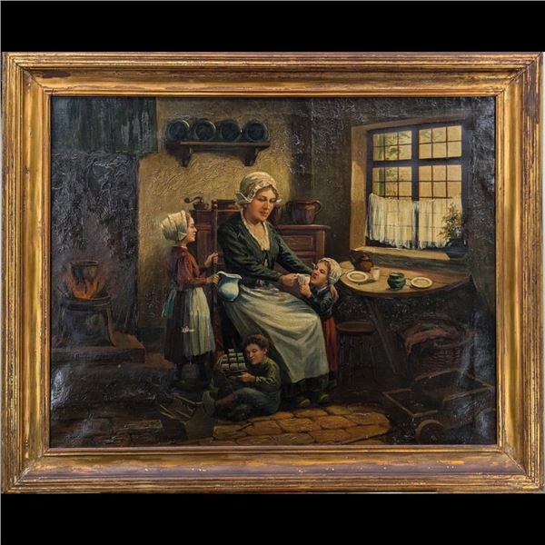 Large Signed 19th Century Oil On Canvas Painting Of A Domestic Family Scene