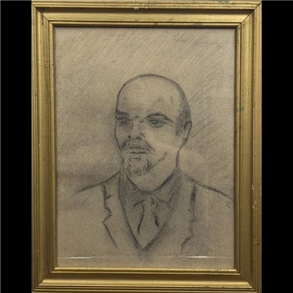 Framed Signed Pencil Sketch Of Lenin, Early-Mid 20th Century