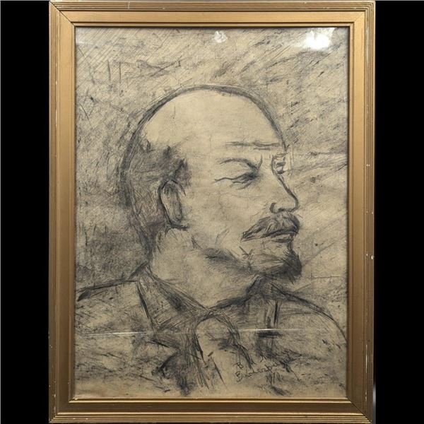 Large Framed Artist Signed Charcoal Sketch Of Lenin, Early-Mid 20th Century