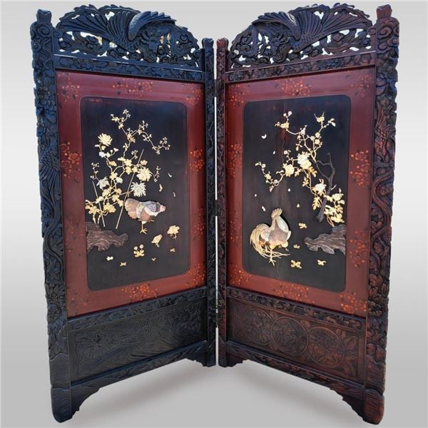 19th C Japanese Lacquered Wood Screen With Carved Bone