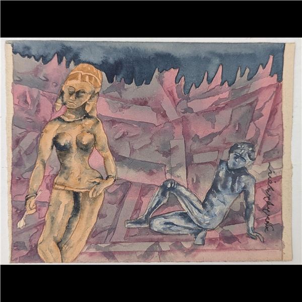 Signed Indian Artist Shyamal Dutta Ray Preparatory Watercolor Painting / Drawing