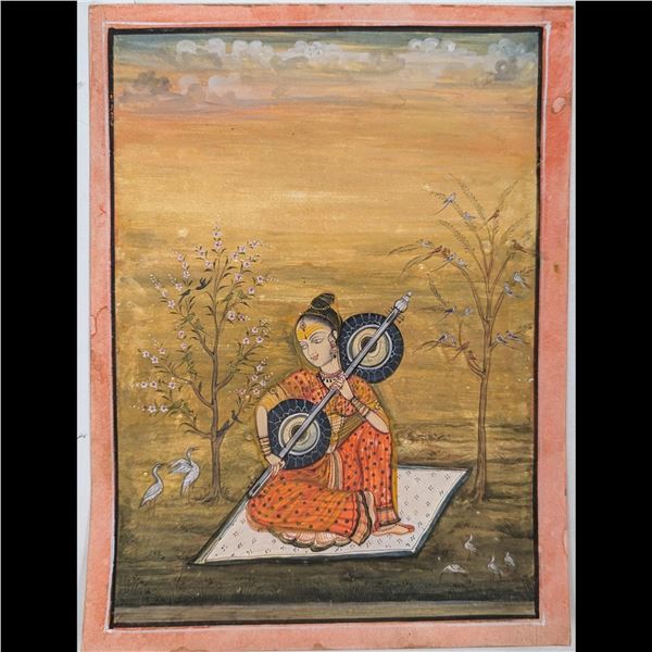 Indian Bundi School Miniature Painting Of A Sait With Musical Instrument, Veena
