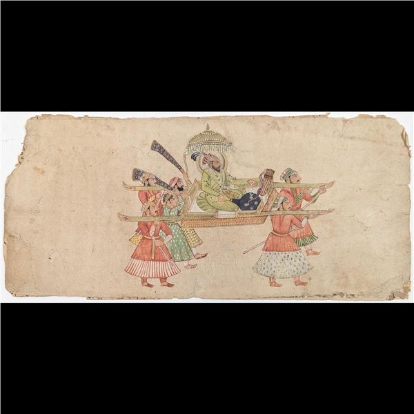 Indian Mughal School Miniature Painting Of Emperor Shah Jahan Being Carried On A Palanquin