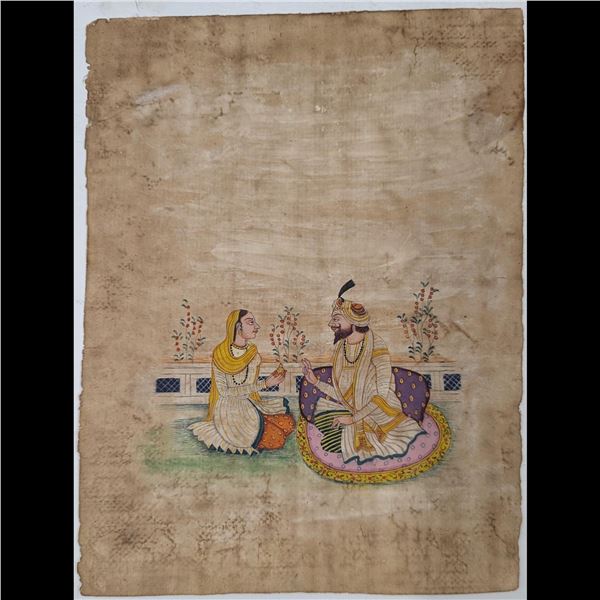Indian Mughal School Miniature Painting Of A King And Queen On A Palace Terrace