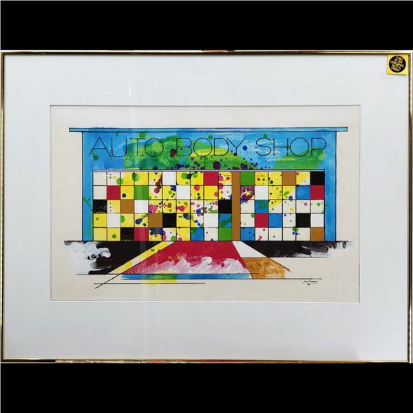Jon Henry (American, 1916-1990) Original Mixed Media Painting, "Auto Body Shop" 1986