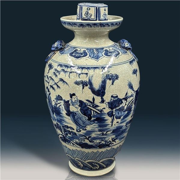Large Chinese Blue And White Crackle Underglaze Lidded Vase