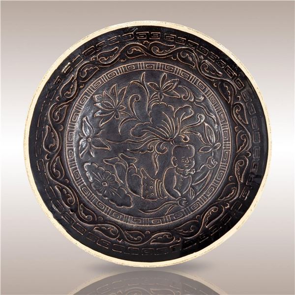 Chinese Song Style Black Glaze Lotus Baby Picture Plate, Signed