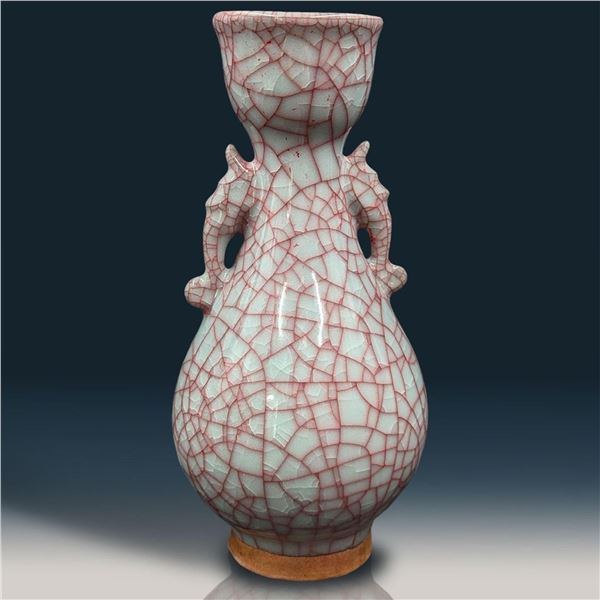 Chinese Ming Style Copper Red Wire Crackle Glazed Vase With Fish Handles