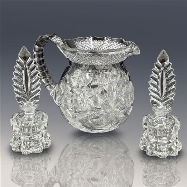ABP Cut Glass Pitcher And A Pair Of Glass Inkwells