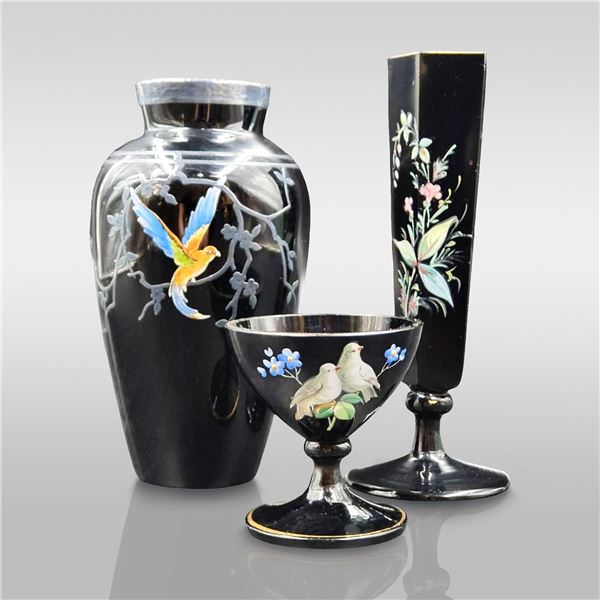 Lot Of 3 Enamel Painted Black Amethyst Glass Vessels Decorated W/ Birds & Flora, 1 Rockwell