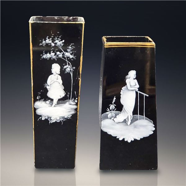 Pair Of Art Deco Black Amethyst Glass Enamel Painted Vases By Mary Gregory