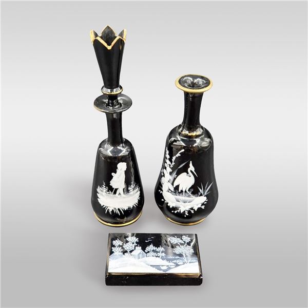 Lot Of 3 Black Amethyst Glass Enamel Painted Vases & Paperweight By Mary Gregory