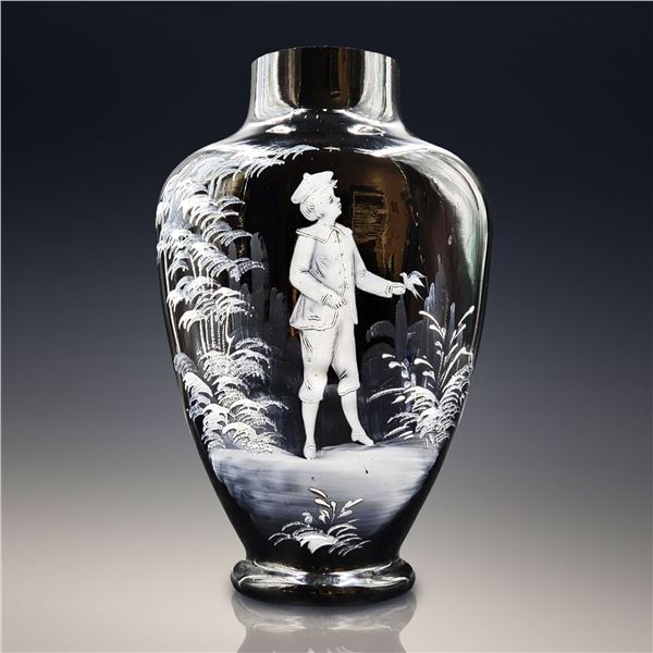 Black Amethyst Glass Enamel Painted Vase By Mary Gregory
