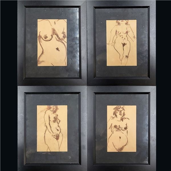 Lot Of 4 Unsigned Charcoal Gesture Figure Drawings