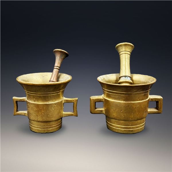 Pair Of Early Salesmen Sample Miniature Brass Mortar And Pestles