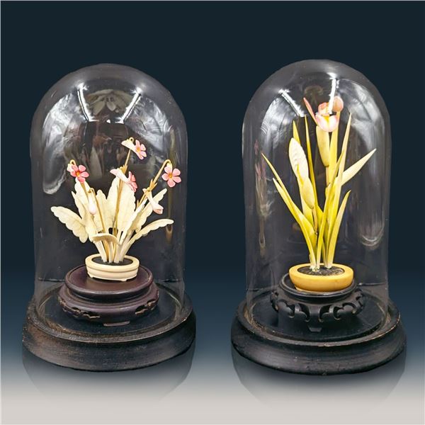 Pair Of Antique Carved Bone "Potted" Flowers On Domed Stands