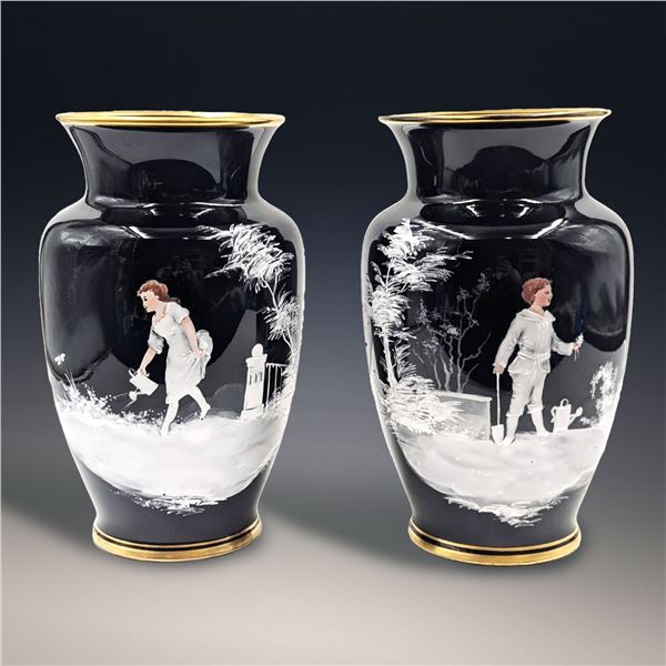 Pair Of Art Deco Black Amethyst Glass And Hand Painted Enamel  Vases By Mary Gregory (1856-1908)