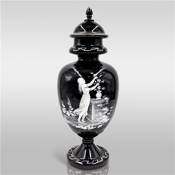 Art Deco Black Amethyst Glass And Hand Painted Enamel Urn Vase By Mary Gregory (1856-1908)