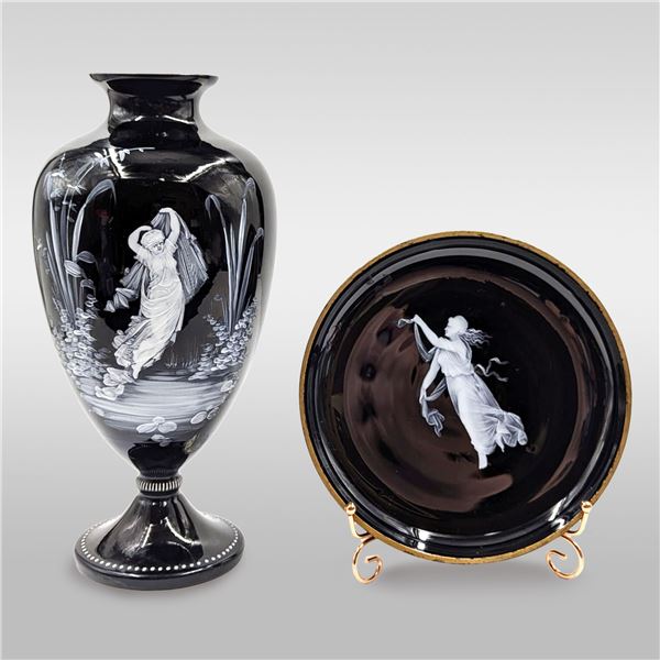 Pair Of Art Deco Black Amethyst Glass And Hand Painted Enamel Pieces By Mary Gregory (1856-1908)