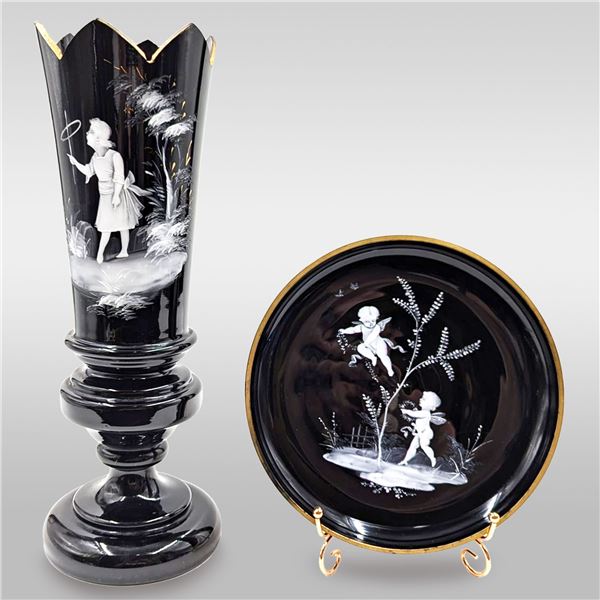 Pair Of Art Deco Black Amethyst Glass And Hand Painted Enamel Pieces By Mary Gregory (1856-1908)
