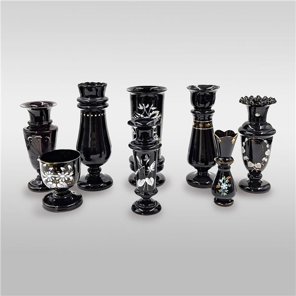 Grouping Of 8 Art Deco Black Amethyst Glass And Hand Painted Enamel Pieces By Mary Gregory