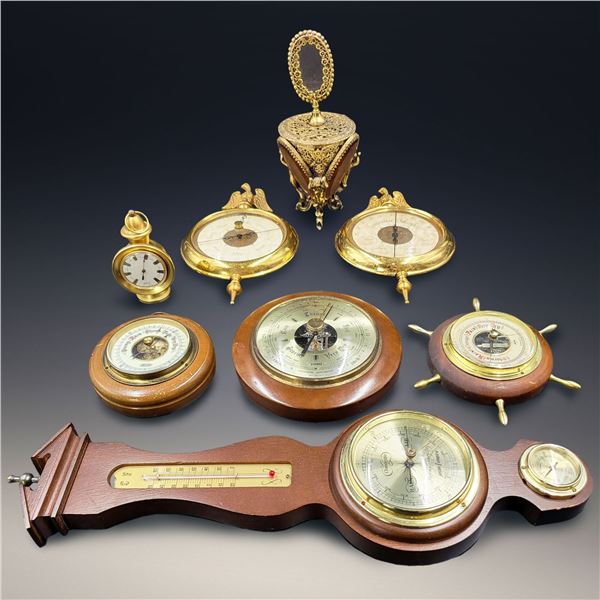 Brass Lot Of 7 Vintage Thermometers, Barometers, & A Perfume Bottle