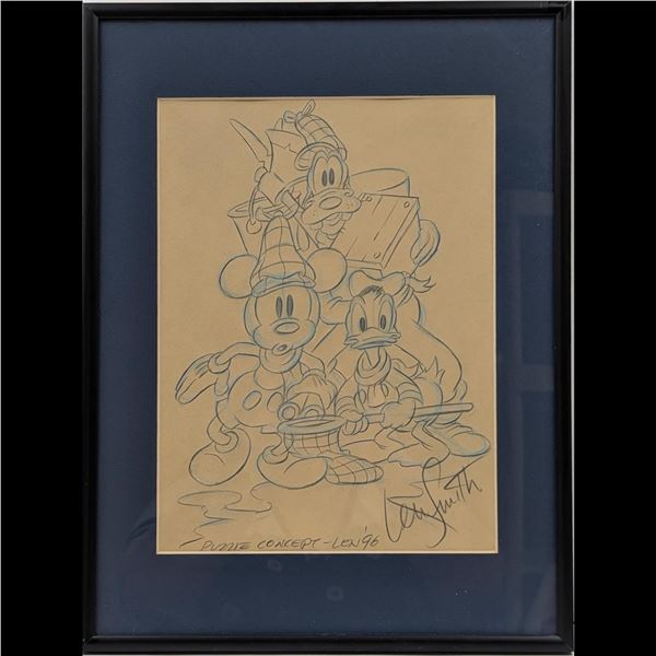 Signed American Visual Artist Len Smith Disney Puzzle Concept Drawing Of Mickey, Donald, And Goofy