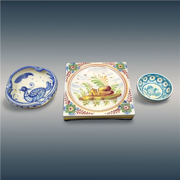 Lot Of 3 Hand Painted Greek Ceramic Bowls & Tray